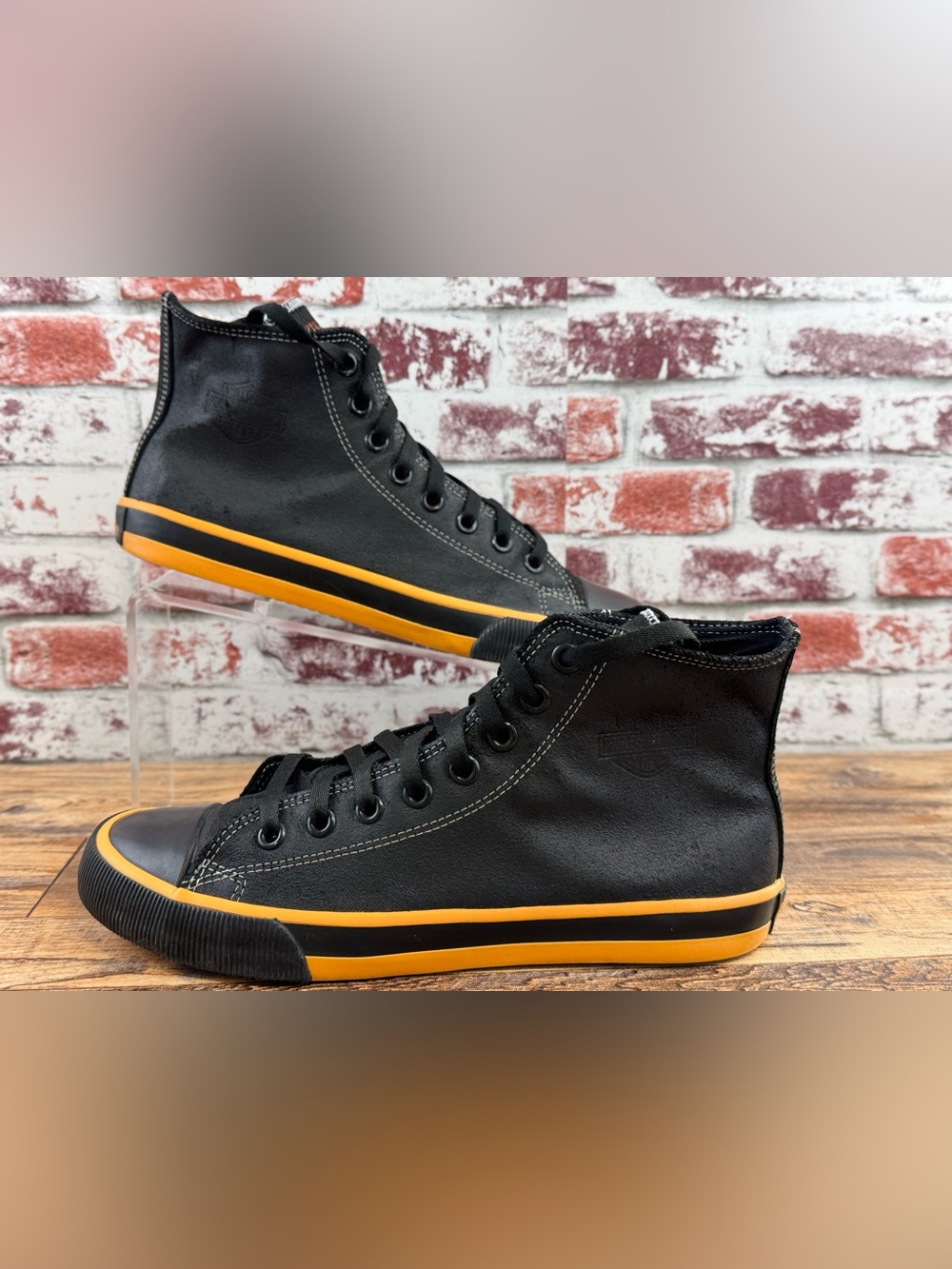 Harley-Davidson Men's Nathan Hi-Top Leather Sneakers Black Orange, US Size 8.5
